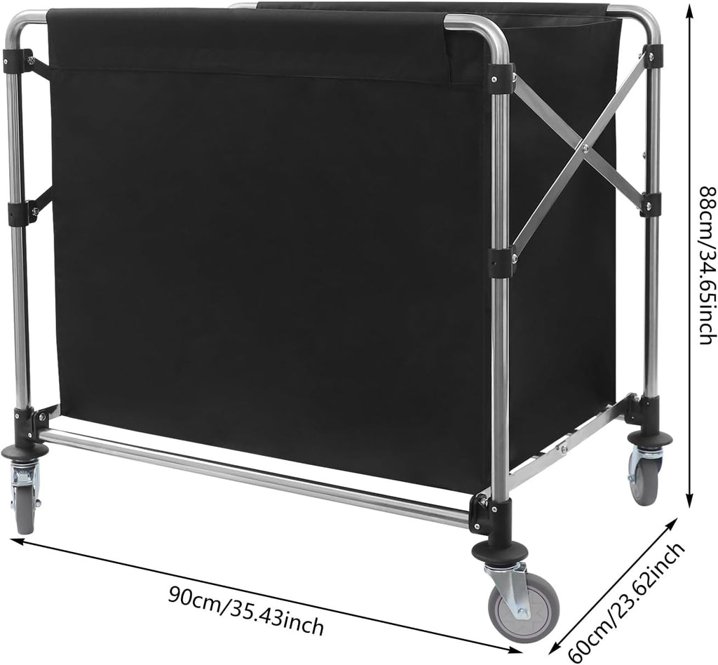 Commercial Laundry Cart with Wheels,Folding Laundry Hamper Cart,Heavy Duty Rolling Laundry Basket with Large Capacity,Laundry Sorter Trolley for Home Hotel Apartment (Black, 35.43 * 23.62 * 34.65in)