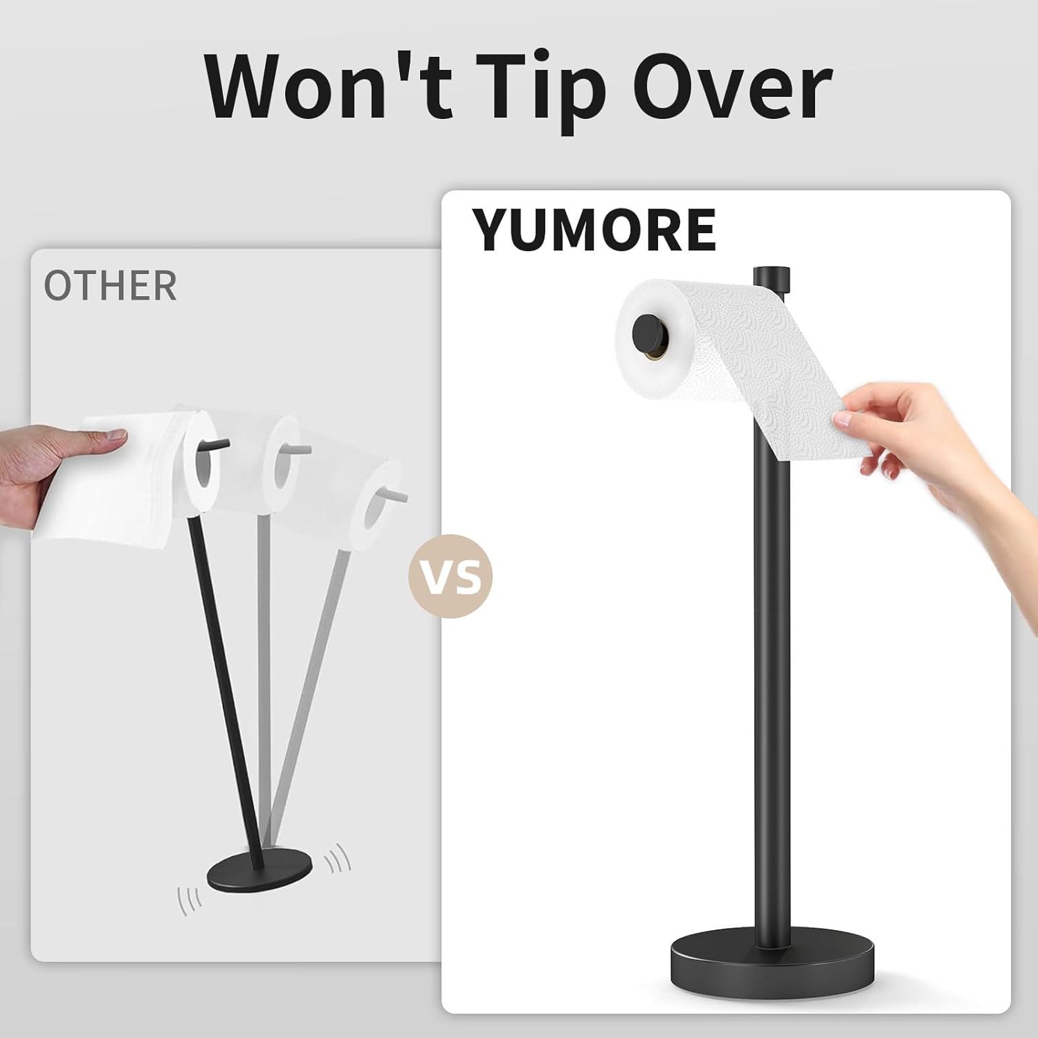 YUMORE Toilet Paper Holder Stand Freestanding, Weighted and Sturdy Matte Black Stainless Steel Design with Non-Slip Cap, Rustproof Tissue Roll Holder for Modern Bathroom, RV