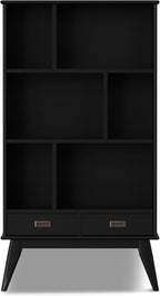 SIMPLIHOME Draper Bookcase - 64 inch Tall Solid Hardwood Wide Storage Bookshelf in Black, Mid-Century Modern Storage for Living Room, Study Room or Office with Adjustable Shelves and Tapered Legs