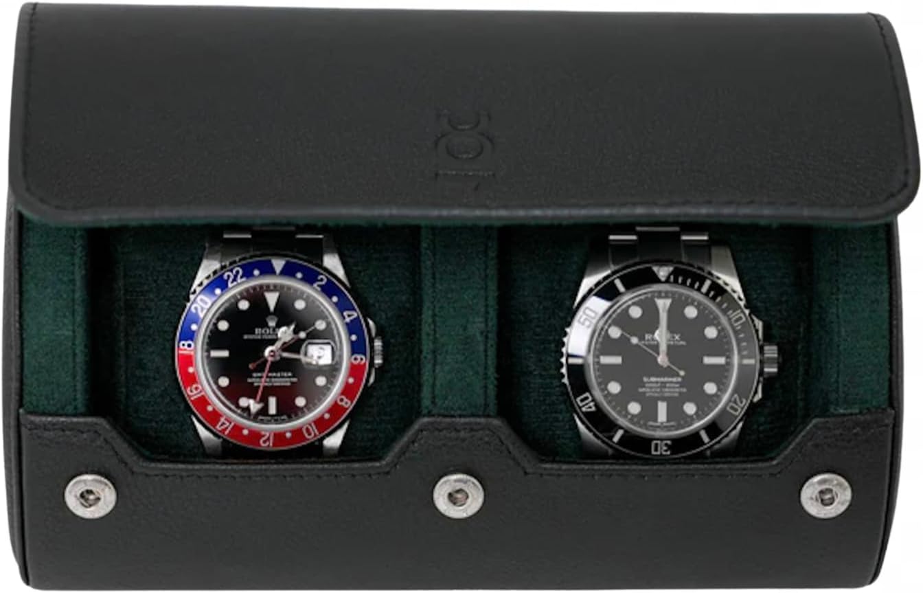 DailyWatch | Watch Roll Travel Case For 2 Watch | Luxury Watch Case In Genuine Black Leather With Soft Velvet Interior | Watch Case Protect, Store, & Display Your Watches | Black Green