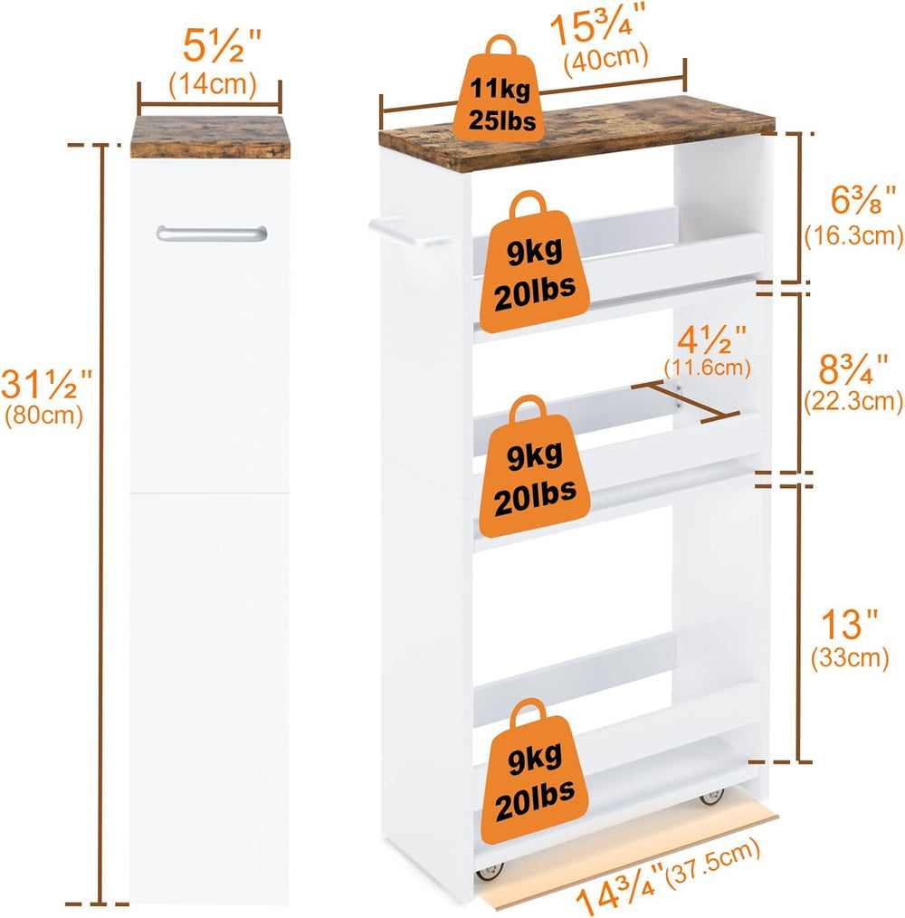TEAMIX Slim Rolling Storage Cart, Wood 4-Tier Narrow Kitchen/Laundry Cart | 5...