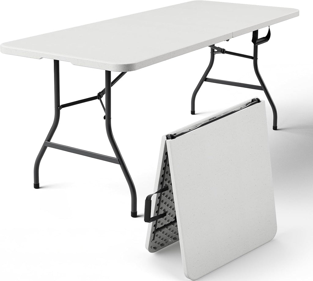 6ft Folding Table, Foldable Picnic Table Portable Table for Indoor Outdoor Use Heavy Duty Plastic Table Camping Table with Carry Handle for Party, BBQ, White
