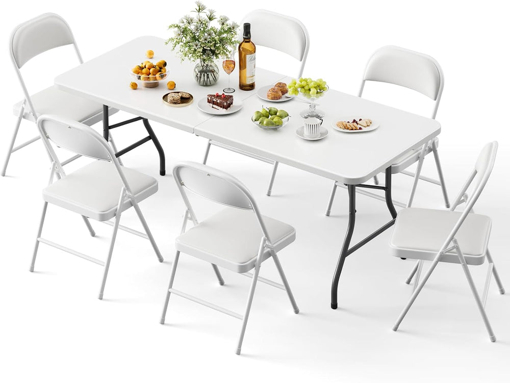 Folding Table and Chairs, 6ft Folding Table with Adjustable Height& PU Le...