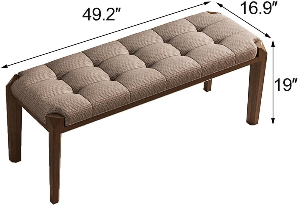 Lartis Solid Wood Dining Bench, Grid Quilted Button Tufted Cotton Linen Uphol...
