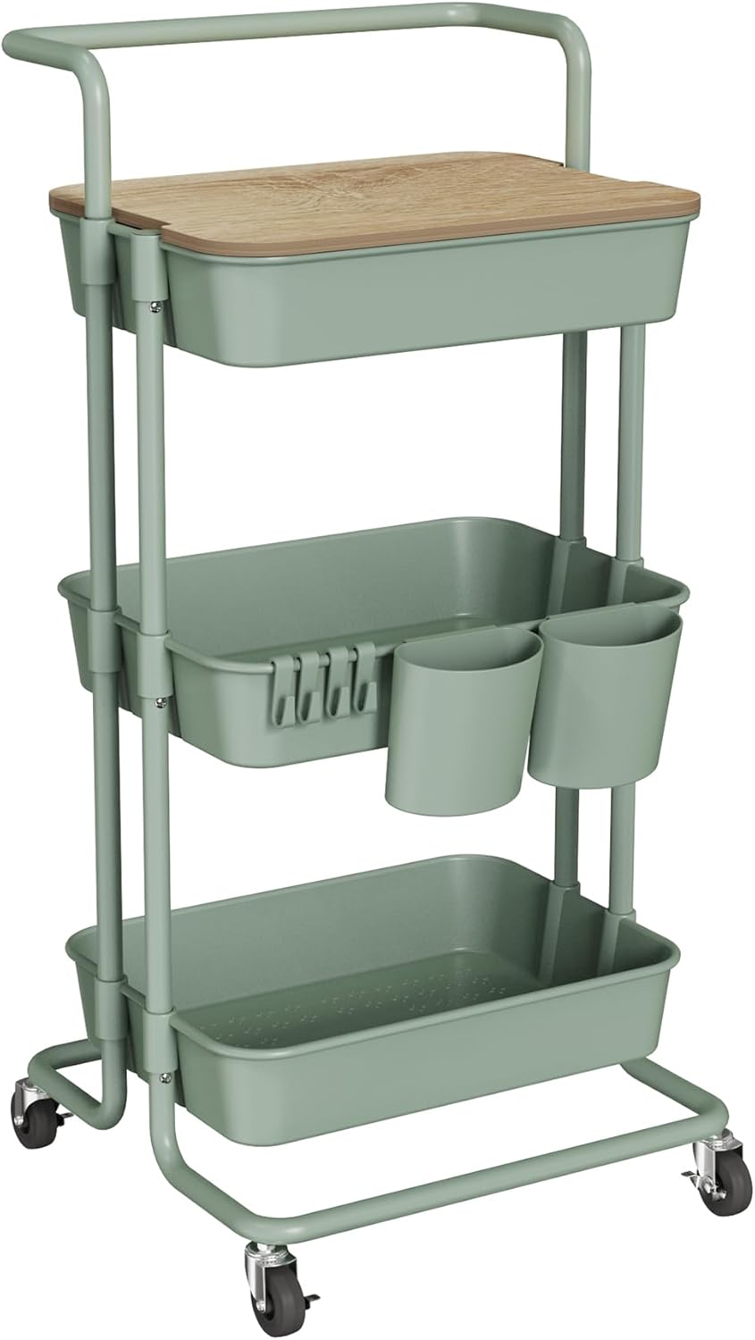 DTK 3 Tier Rolling Utility Cart with Cover Top Board, Movable Kitchen Storage Cart Trolley with Lockable Wheels, Cups, Hooks for Kitchen Bathroom Home Office Art Craft Storage(Turquoise/Green)