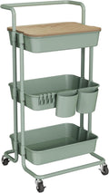 DTK 3 Tier Rolling Utility Cart with Cover Top Board, Movable Kitchen Storage Cart Trolley with Lockable Wheels, Cups, Hooks for Kitchen Bathroom Home Office Art Craft Storage(Turquoise/Green)
