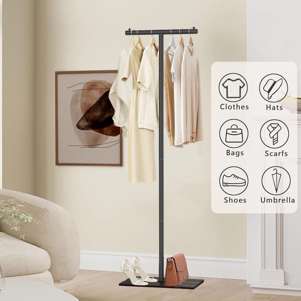 T-Shaped Metal Rack Stand,Modern Clothes Rack With Rock Slab Base,68.8 Inch Freestanding Clothing Rack Stand,Suitable For Boutiques, Entryway, Bedroom, Living Room, Hallway, (Black, 68.8inch)