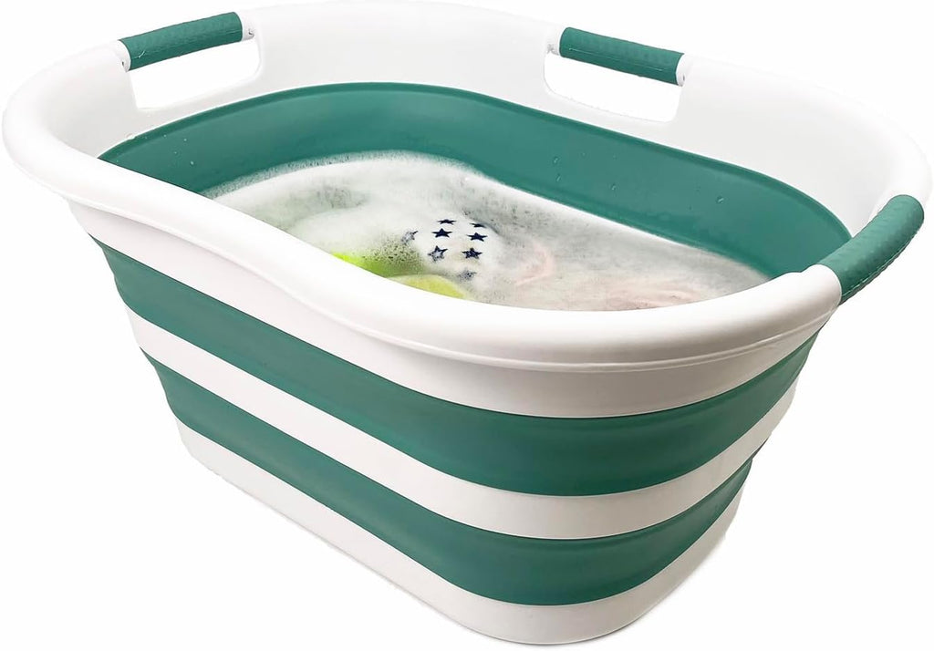 SAMMART 40L (10.5 gallon) Collapsible Plastic Laundry Basket - Space Saving Storage Container/Organizer - Portable Washing Tub - Foldable Pop Up Hamper/Basket (1, White/Celadon Green)