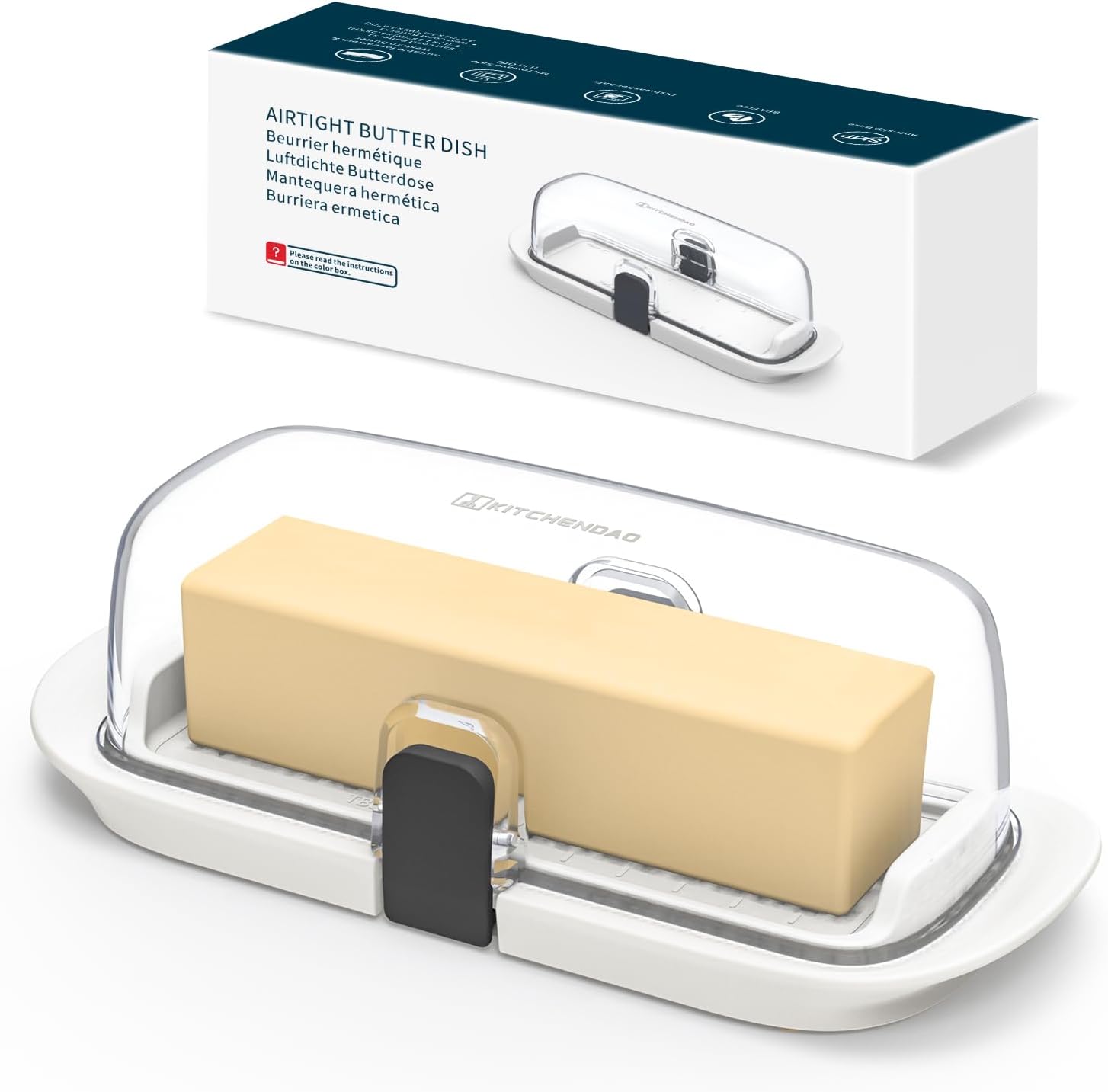 KITCHENDAO Airtight Butter Dish with Lid for Countertop and Refrigerator Door Shelf, Butter Holder with One Press to Open/Close Secure Latching Buckle, Butter Keeper for West/East Coast Butter (White)
