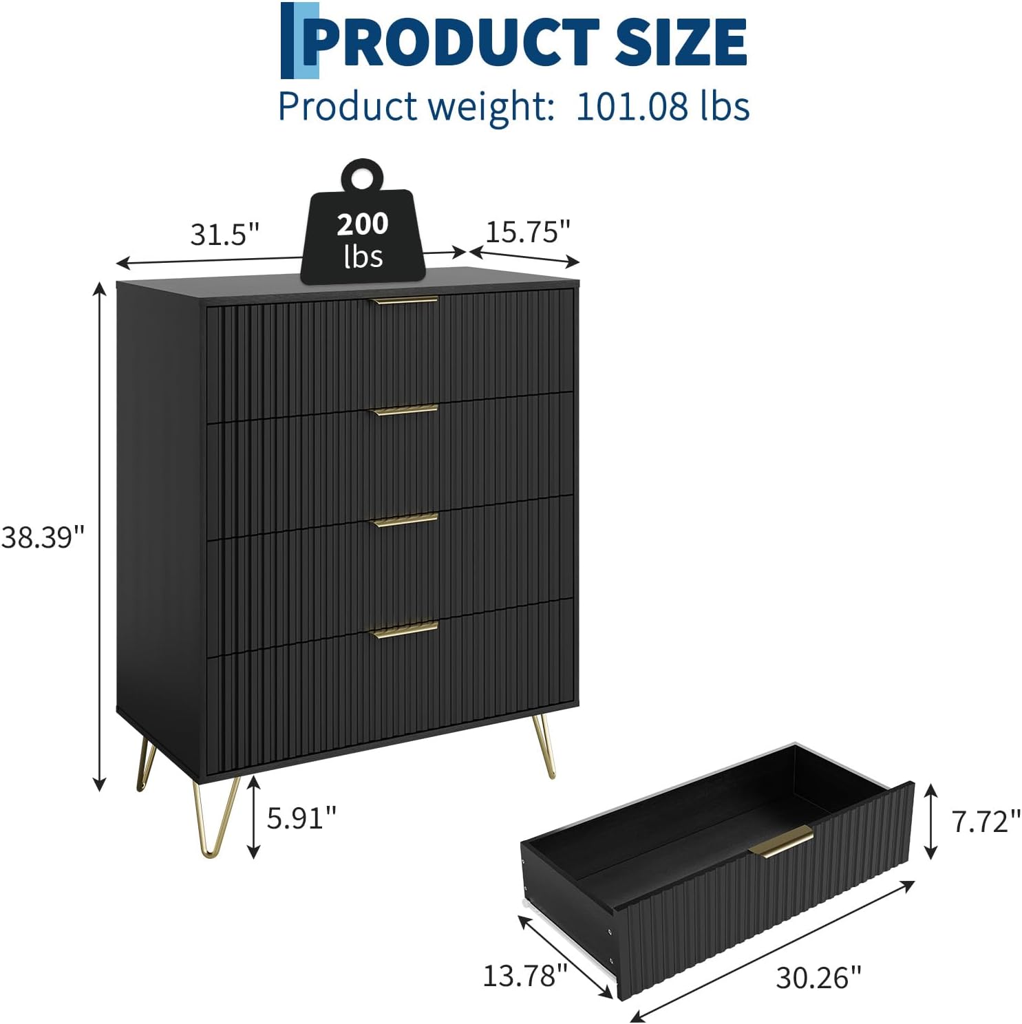 Garvee Fluted Dresser for Bedroom with 4 Drawers,32" Wide Modern Chest of Wooden Bedroom Chest with Metal Handle,Wide Clothes Storage Organizer,Closet Dresser & TV Stand for Living Room,Hallway,Black