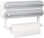 Magnetic Plastic Wrap Dispenser with Cutter - Refillable Aluminum Tin Foil and Plastic Wrap Organizer for Kitchen, Quasziwa Upgraded 3 in 1 Paper Towel Holder Wall Mount - Fits 12" Roll, White