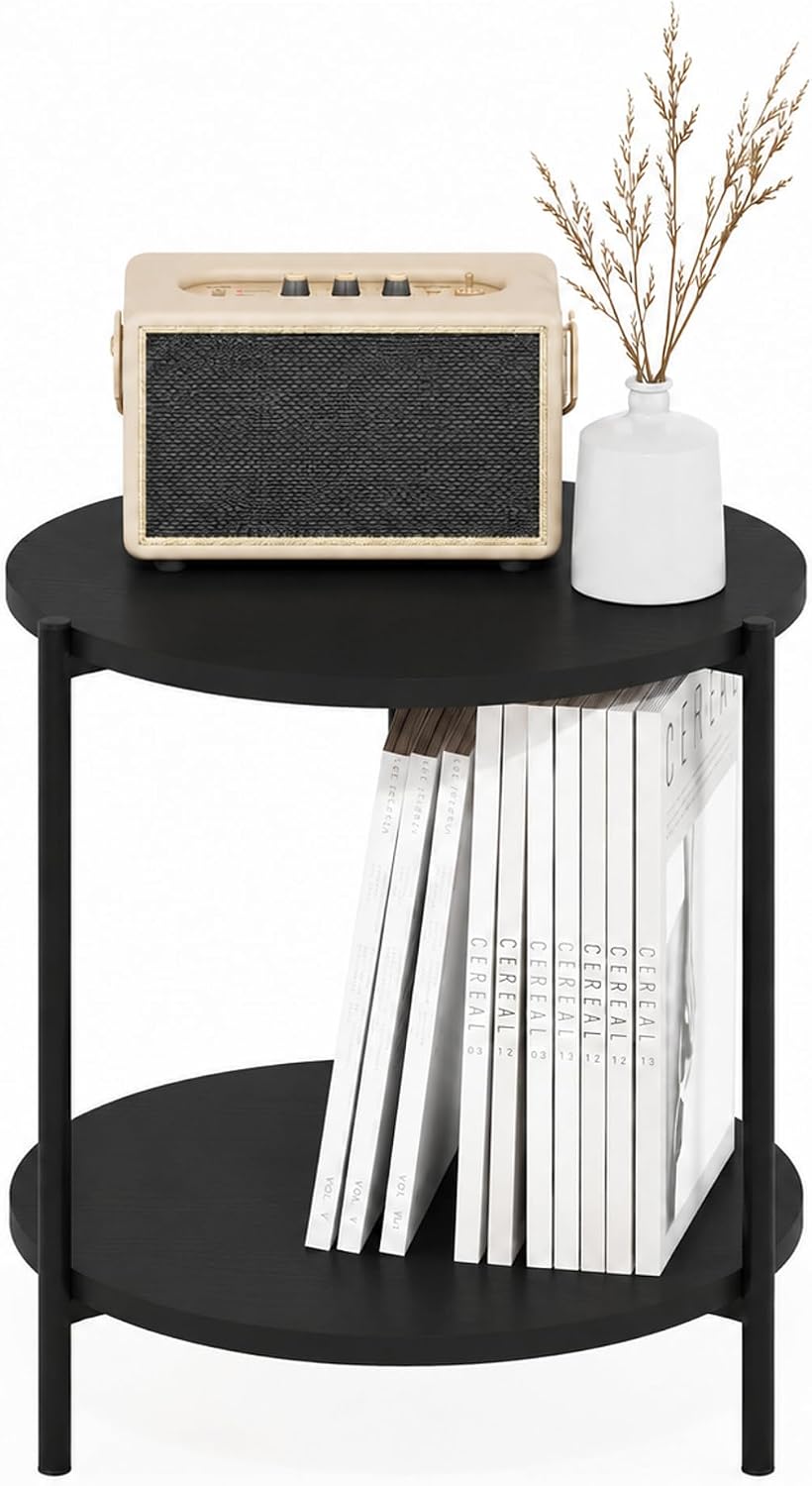 Furinno Besi 2-Tier Wide Round Side Table with Metal Legs, Metal Black End Ta...
