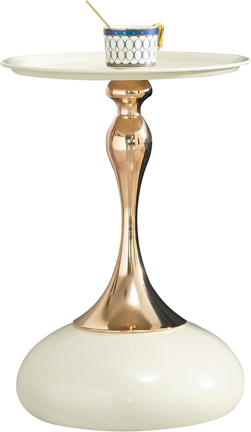 Round Side Table, White and Rose Gold, Cocktail End Table for Living Room, 14...