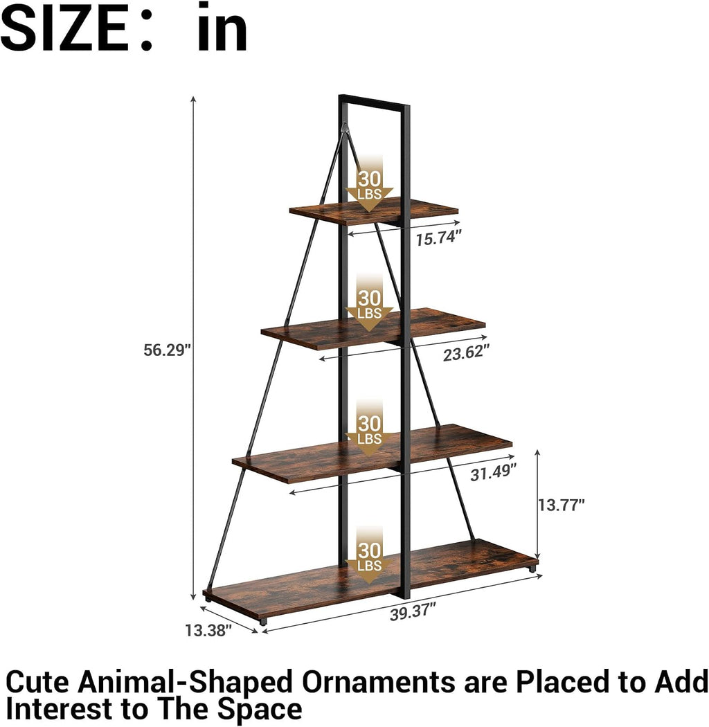IDEALHOUSE 4-Tier A-Shaped Ladder Bookshelf, Industrial Metal Frame Storage Display Shelf, Tall Ladder Shelving Organizer with Black Iron & Retro Color Board for Living Room, Home Office