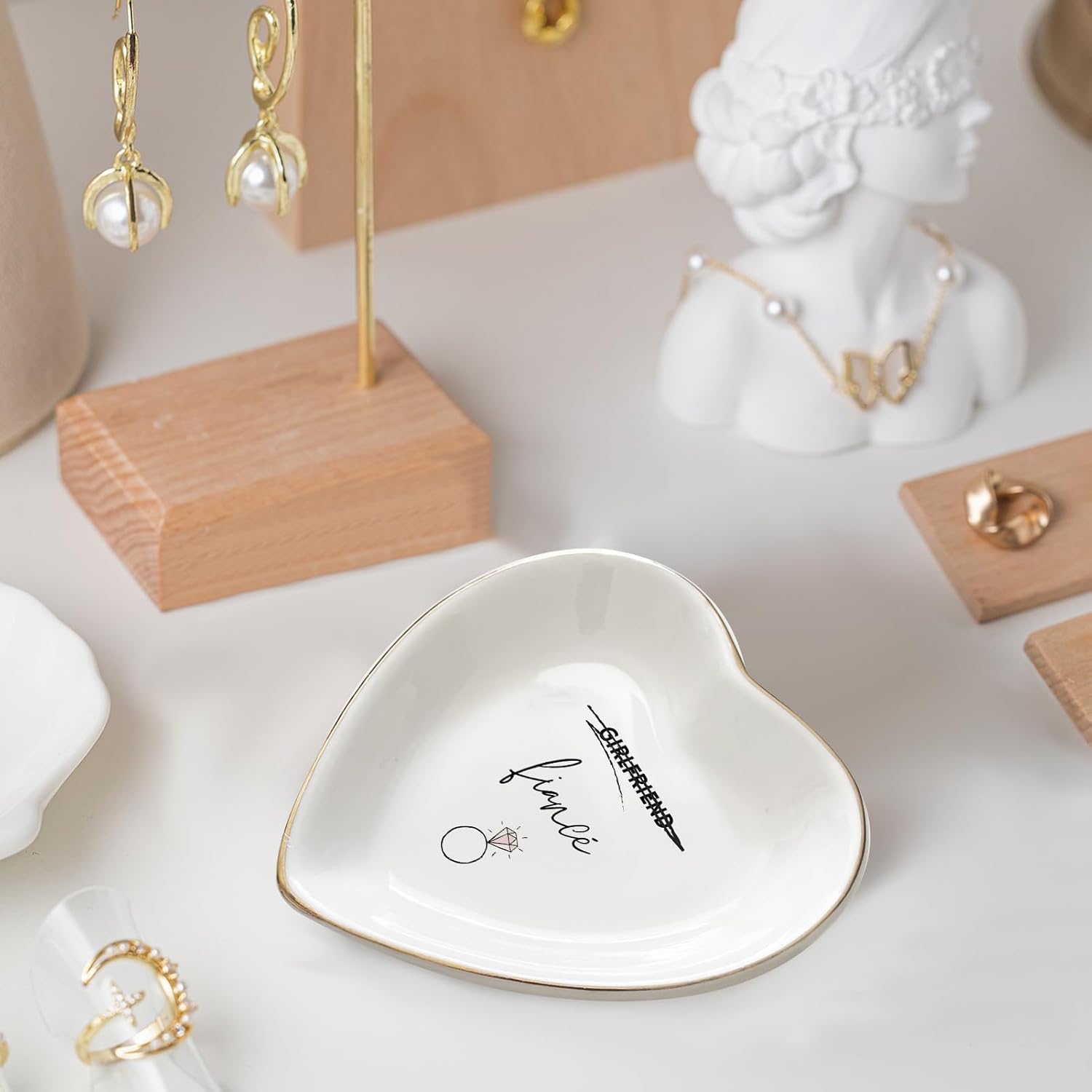 Fiance Jewelry Dish Tray – Engagement Ring Holder Ceramic Trinket Dish, Elegant Jewelry Organizer for Women, Bridal Shower Engagement Gift for Future Wife