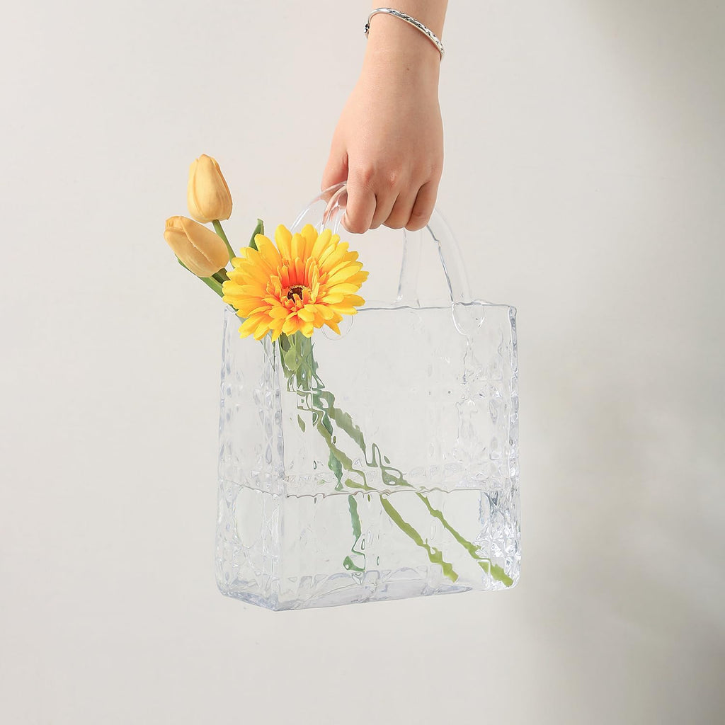 Purse Vase, Glass Bag Vase, Glass Purse Vase for Flowers, Clear Vases, 12 Inch Large Flower Vase with Embossed Pattern for Wedding, Living Room, Bedroom, Table, Office(Tote)