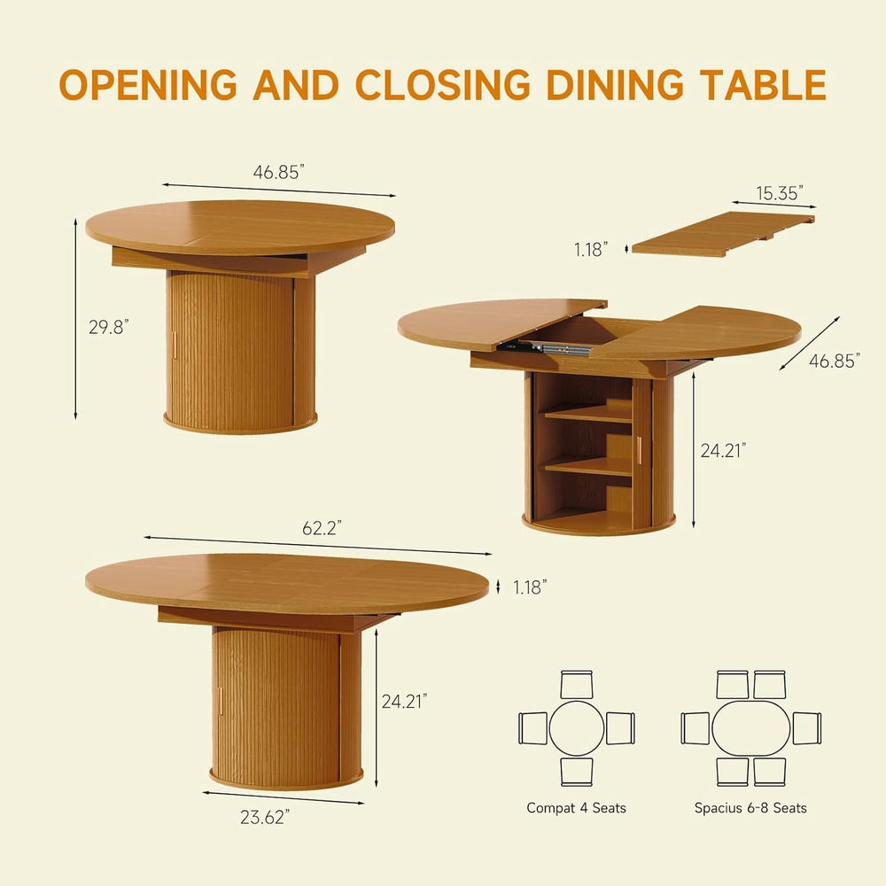 DHH 47"-63" Extendable Round Dining Table for 4–8 with Storage, Mid...