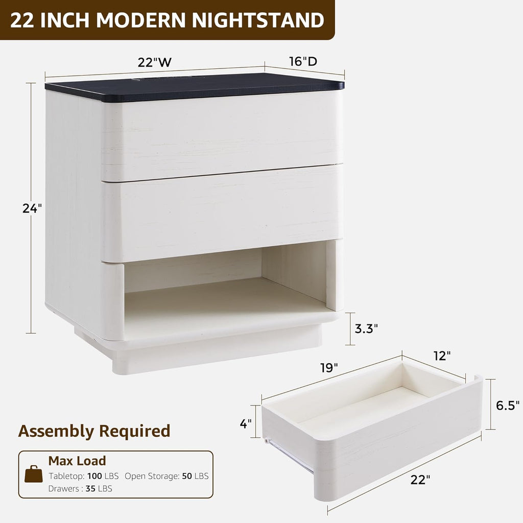 ACCOHOHO Nightstand with Charging Station, 22" Push-to-Open Bedside Table with 2 Storage Drawers, Large Modern End Table for Bedroom,Living Room,White
