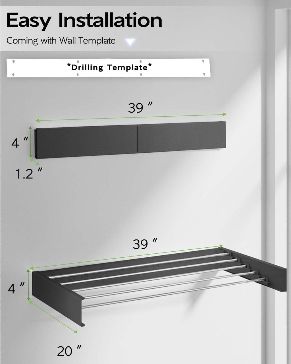 Wall Mounted Clothes Drying Rack 40", Foldable Wall Mount Laundry Rack Folding Indoor, Drying Rack Clothing Collapsible, Hidden Space Saver with Wall Template, 6 Rods, Black