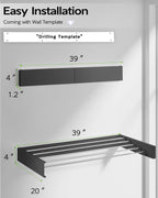 Wall Mounted Clothes Drying Rack 40", Foldable Wall Mount Laundry Rack Folding Indoor, Drying Rack Clothing Collapsible, Hidden Space Saver with Wall Template, 6 Rods, Black