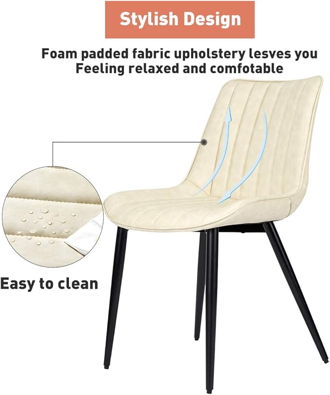 Faux Leather Dining Chairs Set of 2 Mid Century Modern Leisure Upholstered Chair with Metal Legs for Kitchen Living Room Beige