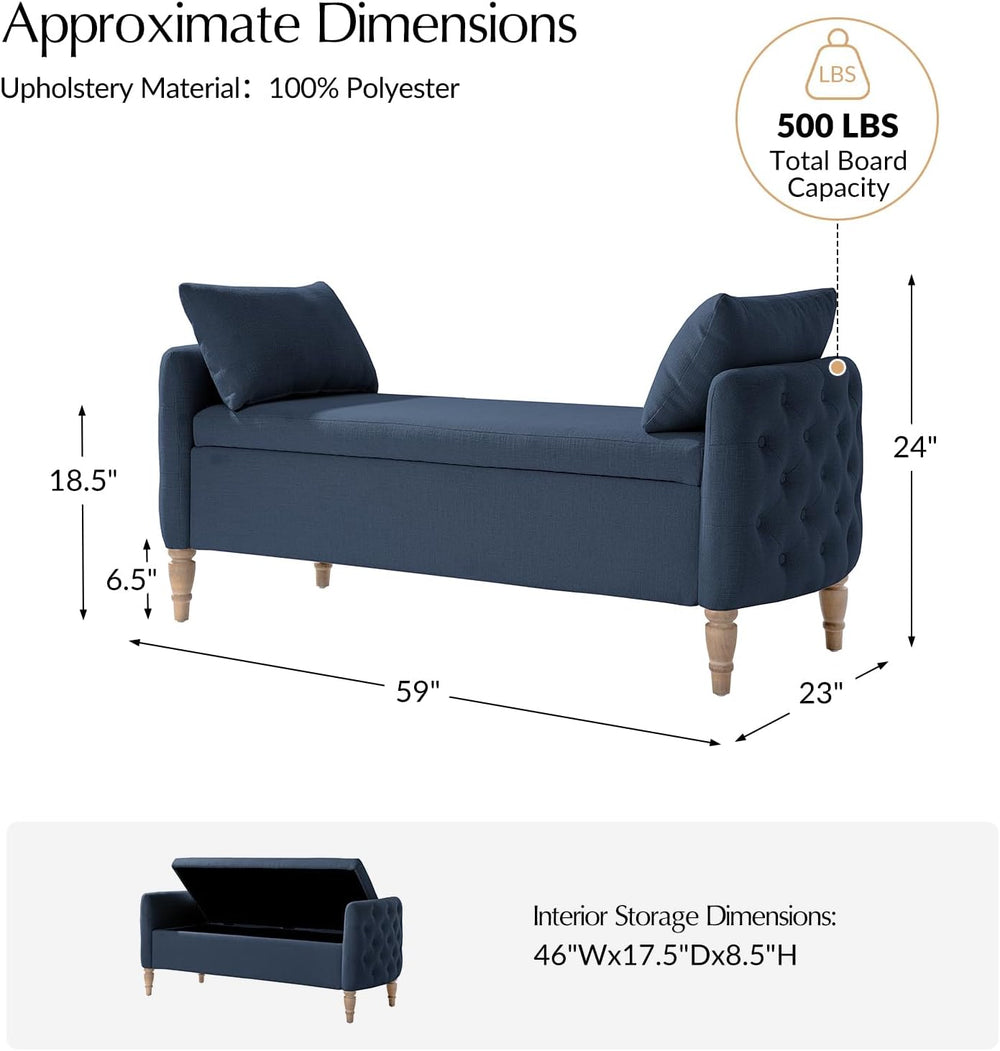 HULALA HOME Storage Bench for Bedroom with Throw Pillows, 59" Large Bedr...