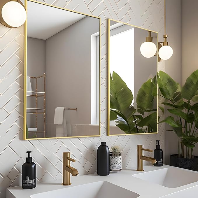 Bathroom Mirror 24"x36", Gold Vanity Mirror with Brushed Metal Frame & Tempered Glass, Rectangle Wall Mirror Mounted, Rust-Resistant for Bedroom, Entryway and Living Room Decor