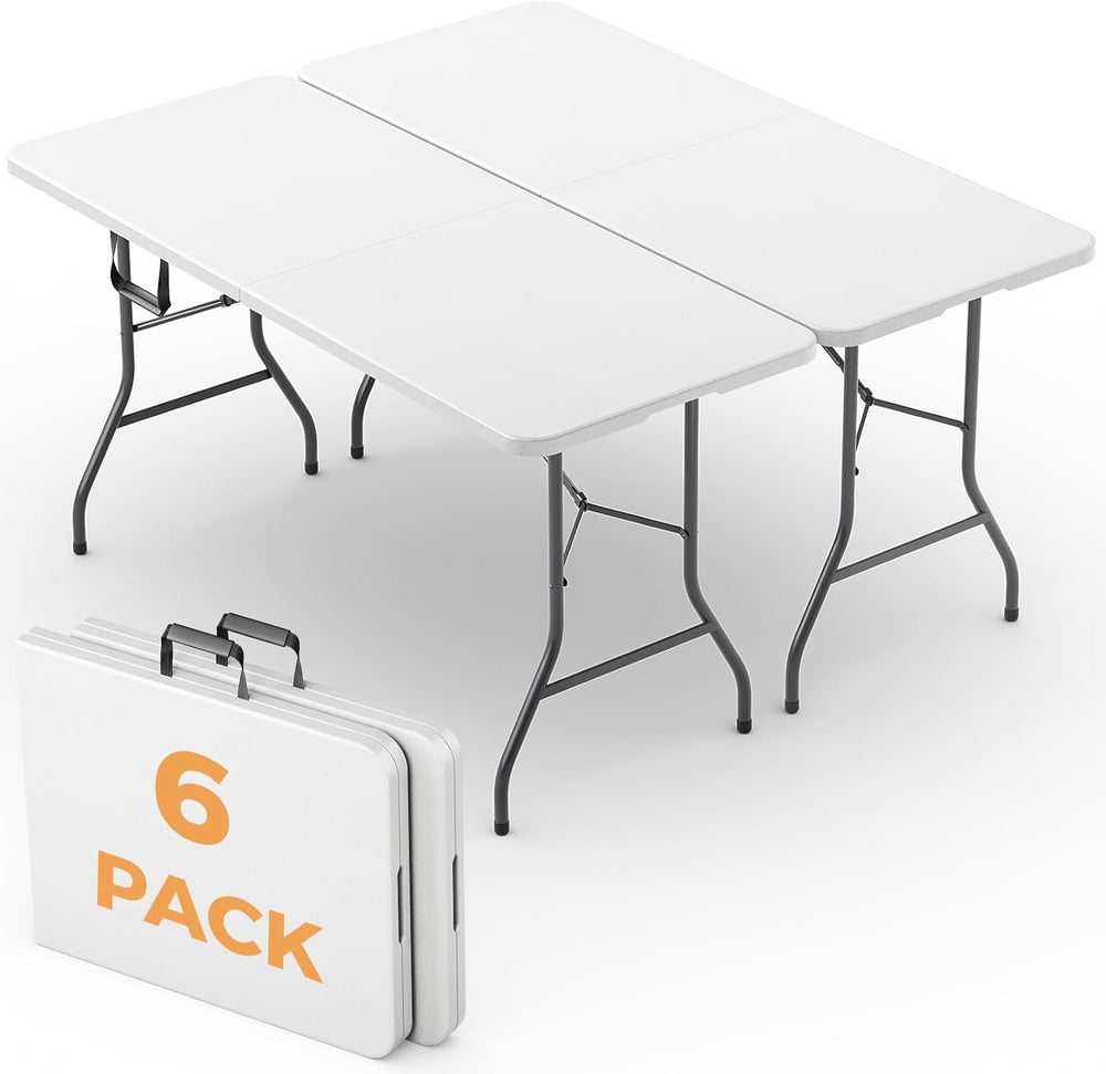 6FT Folding Table 6 Pack, Heavy Duty Fold in Half Plastic Tables with Carry H...