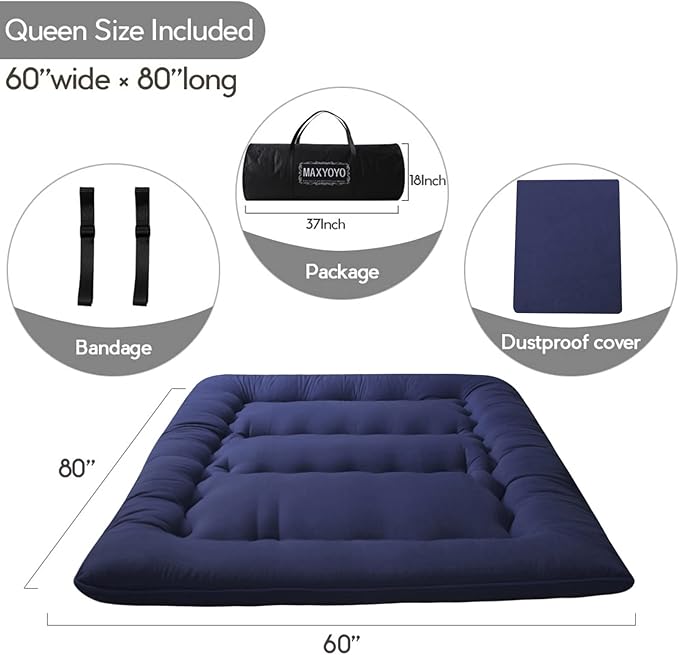 MAXYOYO Japanese Floor Mattress Futon Mattress, 4" Thicken Tatami Mat Sleeping Pad Foldable Roll Up Mat Boys Girls Dormitory Pad Kids Floor Lounger Pillow Bed, Charcoal Grey, Queen Size