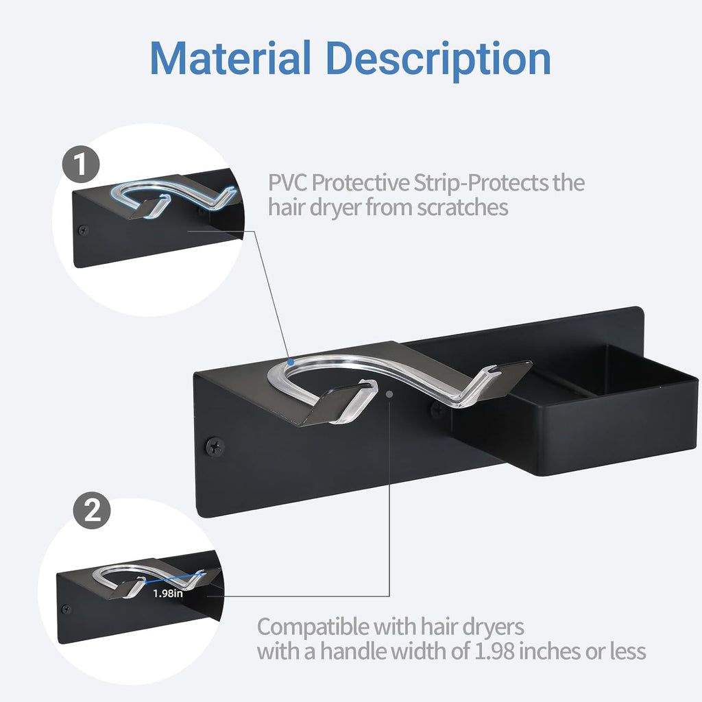 Hair Dryer Holder Wall Mounted, Hair Tool Organizer Wall Mount for Bathroom, Stainless Steel Hair Dryer Holder, Blow Dryer Holder Adhesive/Drilling Hair Dryer and Straightener Holder Black UEMUSI