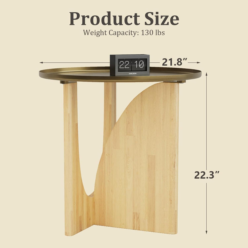 Farmhouse Rubberwood End Table, Beige Rustic End Table with Stainless Steel T...