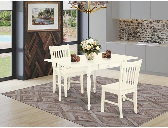 East West Furniture MZNO3-LWH-W 3 Piece Kitchen Table Set for Small Spaces Contains a Rectangle Dining Room Table with Dropleaf and 2 Solid Wood Seat Chairs, 36x54 Inch, Linen White