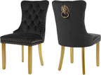 Velvet Dining Chairs Set of 2, Upholstered Dining Room Chairs with Lion Head Pulls Ring and Golden Solid Wood Legs, Modern Button Tufted Kitchen Chairs for Dining Room, Kitchen(Black)
