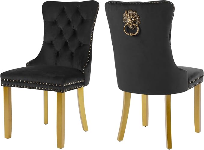 Velvet Dining Chairs Set of 2, Upholstered Dining Room Chairs with Lion Head Pulls Ring and Golden Solid Wood Legs, Modern Button Tufted Kitchen Chairs for Dining Room, Kitchen(Black)