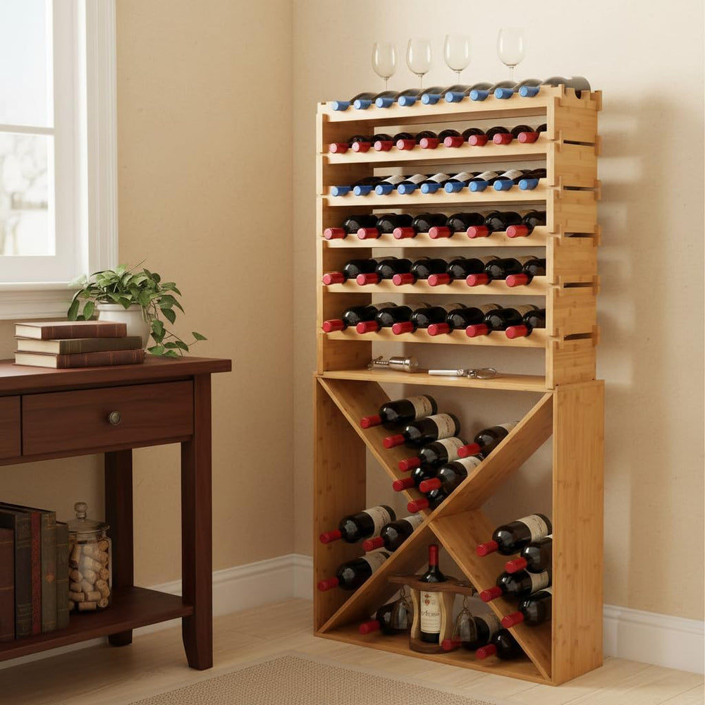 NutriChef 72 Bottle Wine Rack Stackable Bamboo Freestanding, 8-Tier Modular S...