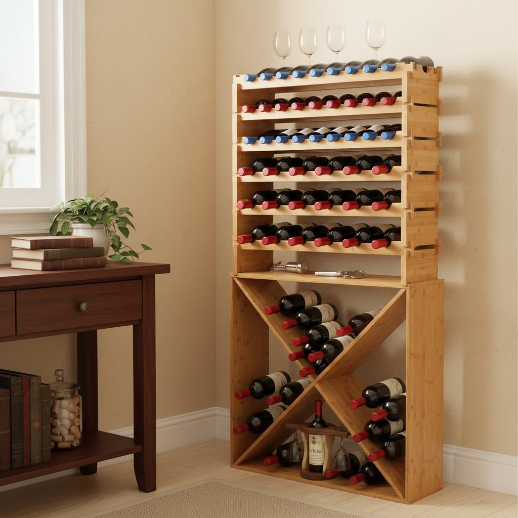 NutriChef 72 Bottle Wine Rack Stackable Bamboo Freestanding, 8-Tier Modular Shelf, Sturdy Wobble Free, Upgraded 2026 Design, Easy No-Tool Assembly for Kitchen, Cellar or Bar Storage 33.5" x 10" x 41"