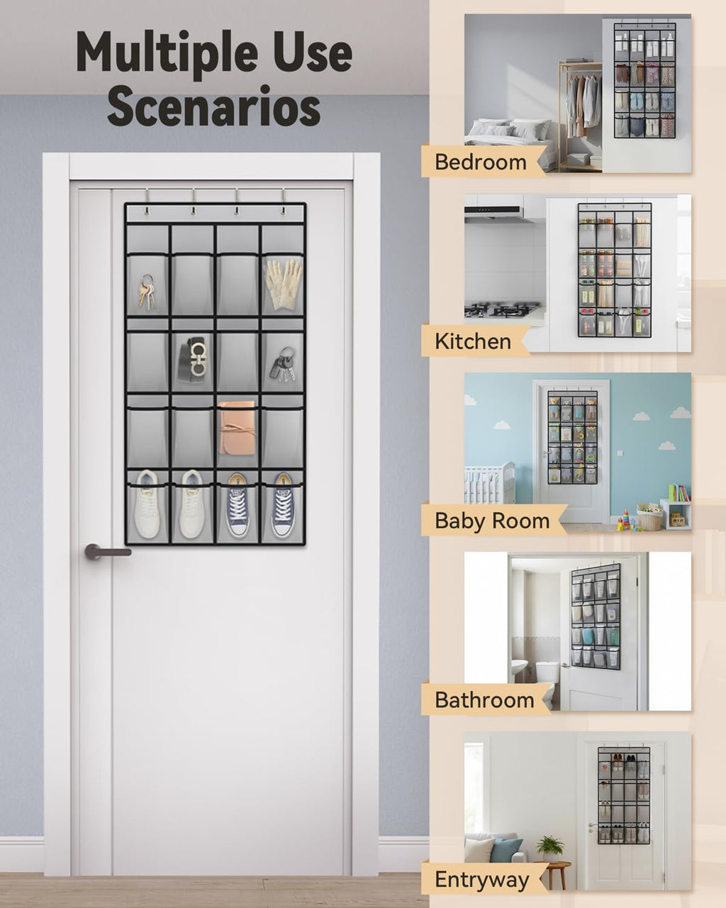 dodowin Over the Door Shoe Organizer, 16 Mesh Pockets, 4 Hooks, Gray | Foldable hanging storage fits behind closet doors and organizes shoes, accessories and daily household items in small spaces