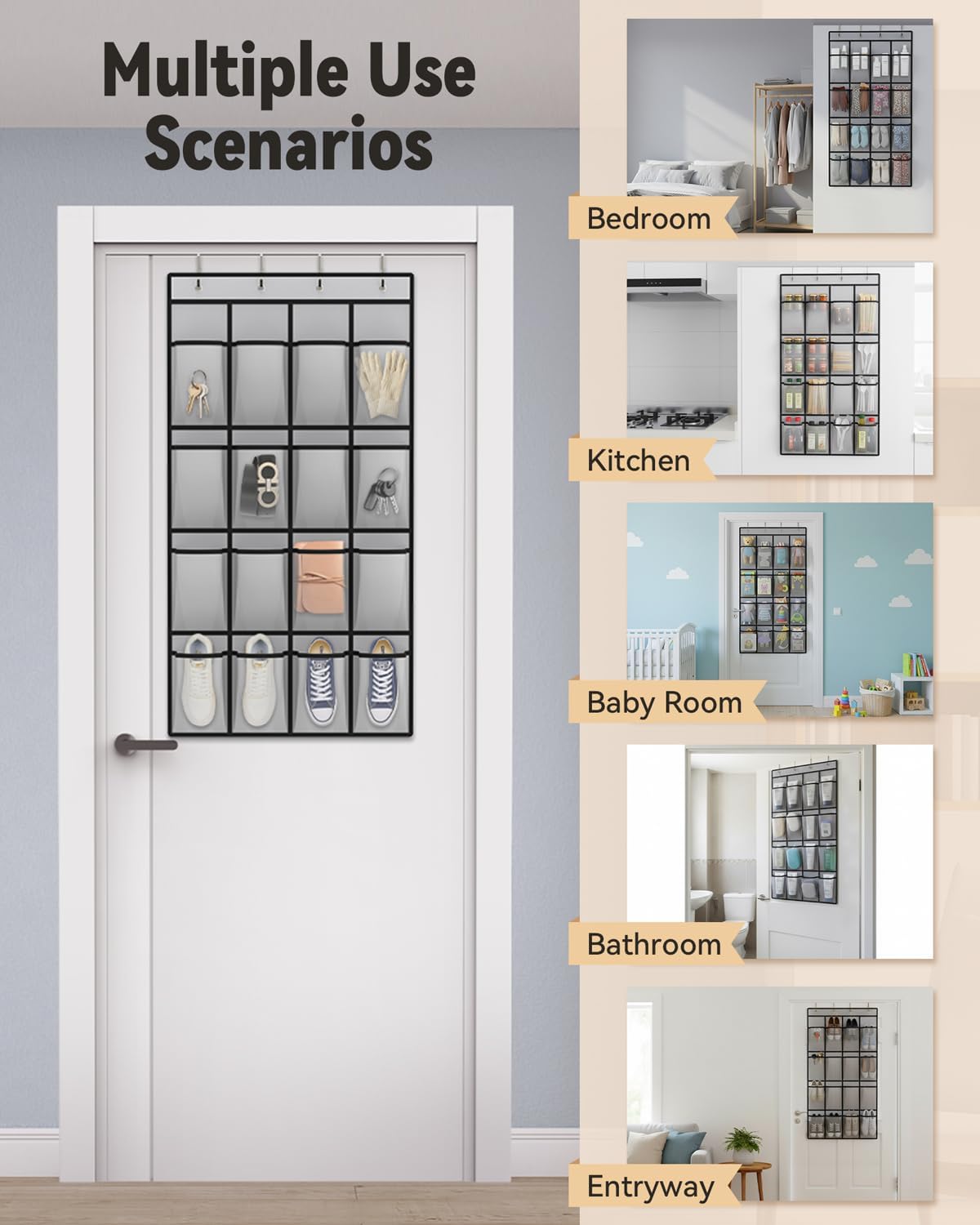 dodowin Over the Door Shoe Organizer, 16 Mesh Pockets, 4 Hooks, Gray | Foldable hanging storage fits behind closet doors and organizes shoes, accessories and daily household items in small spaces