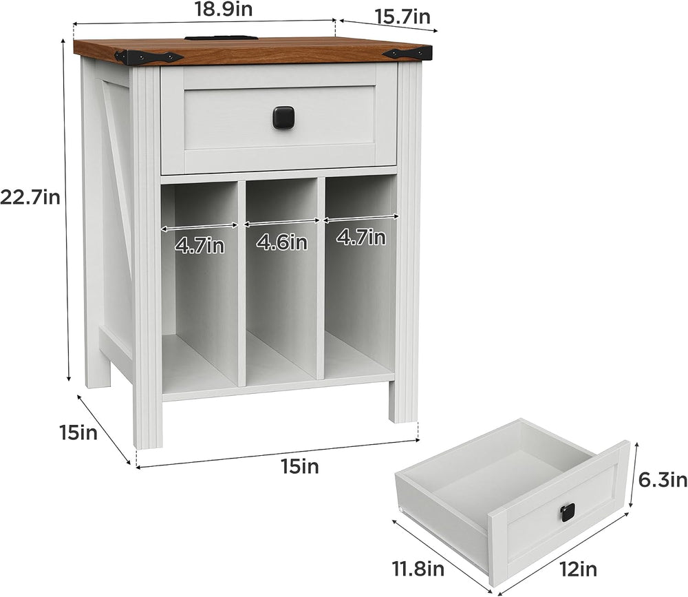 Farmhouse Record Player Stand with Vinyl Record Storage, End Table with Charg...