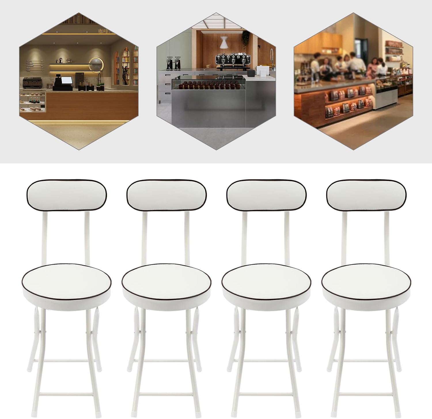 4Pcs Folding Stool with Back Cushioned Padded Folding Stool Portable Bar Stool Collapsible Counter Height Chair for Kitchen Island Home Office Camping Fishing Hiking 18.9Inch Height (White)