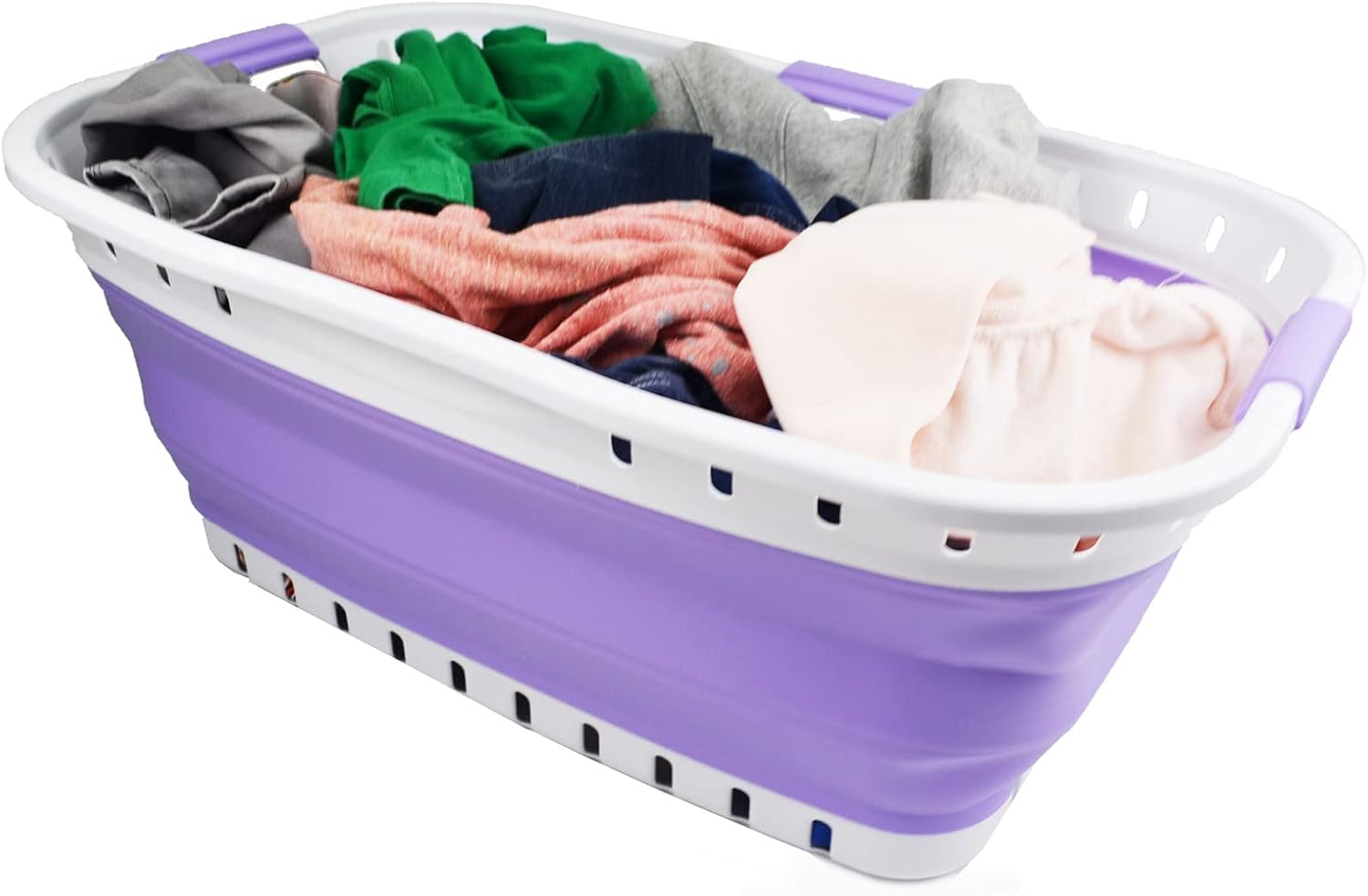 SAMMART 44L (11.62 gallon) Collapsible Plastic Laundry Basket - Foldable Pop Up Storage Container/Organizer - Portable Washing Tub - Space Saving Hamper/Basket (1, White/Lt. Purple)