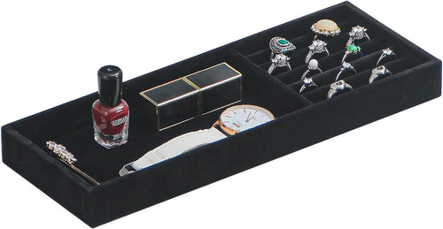 2Pcs Desk Drawer Storage Tray, Nightstand Organizer Tray, Necklace Bracelet Ring Earring Jewelry Display Tray, Grid Table Organizer Holder Tray for Sunglass, Phone, Watch, Perfume (2 grid)/Black