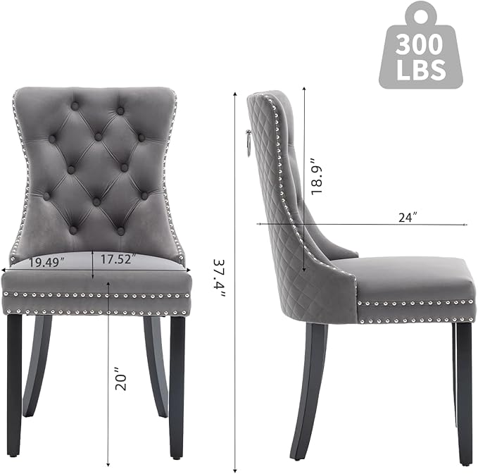 Velvet Dining Chairs Set of 2, Upholstered Dining Room Chairs with Nailhead Trim, Sillas de Comedor Modernas 2, Wooden Kitchen Chairs for Dining Room, Living Room, Kitchen, Bedroom, Grey