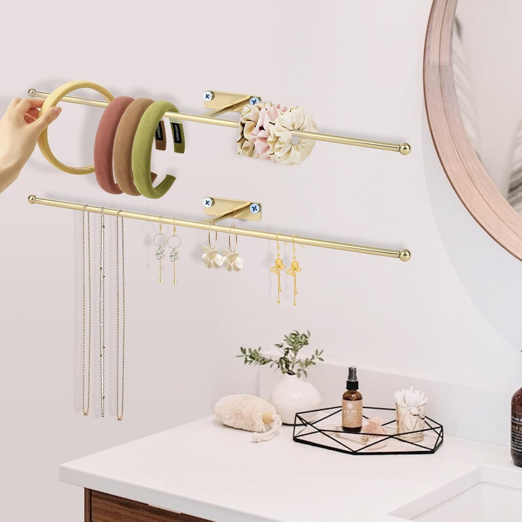 2-Pack Wall Hanging Jewelry Organizer, 14.5" Necklace Holder, Gold | For earrings, rings, bracelets, hairbands, glasses, space saving wall display, screws included
