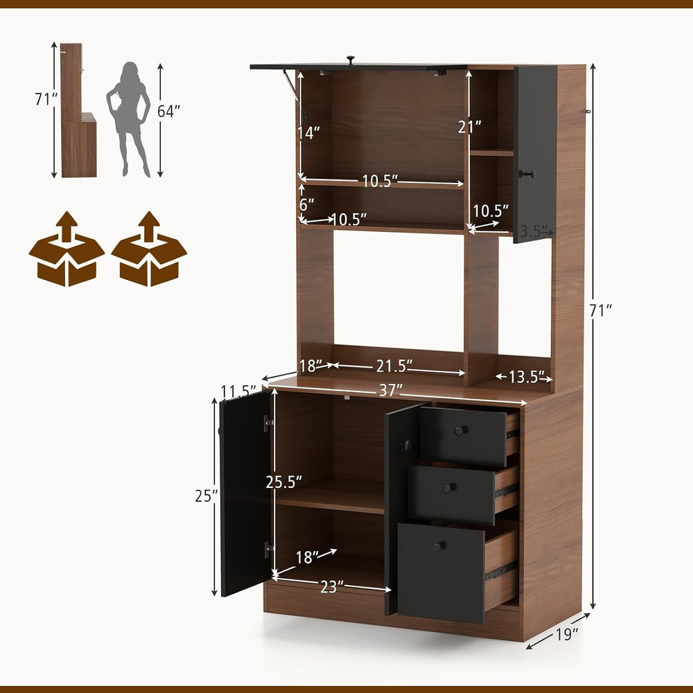 71" Large Kitchen Pantry Cabinet with Microwave Shelf, Wooden Tall Pantr...