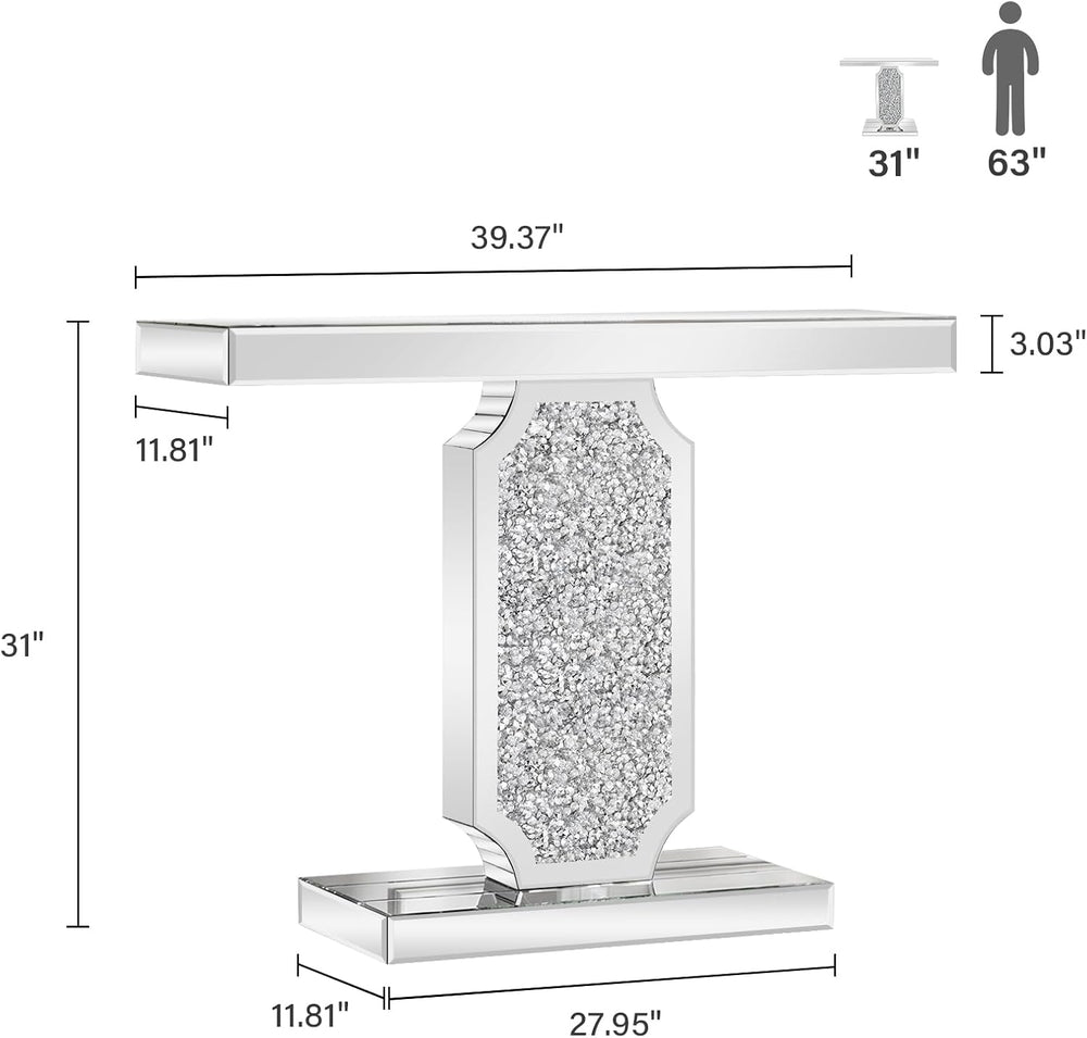 Silver Mirrored Console Table with Crushed Diamond Inlay, 39.4'' Long...