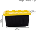 Plastic 5-Gallon Storage Tote with Lockable Lid, Stackable Tough Regular-Duty Bin for Garage, Tools, and Home Organization (4-Pack) - Black and Yellow