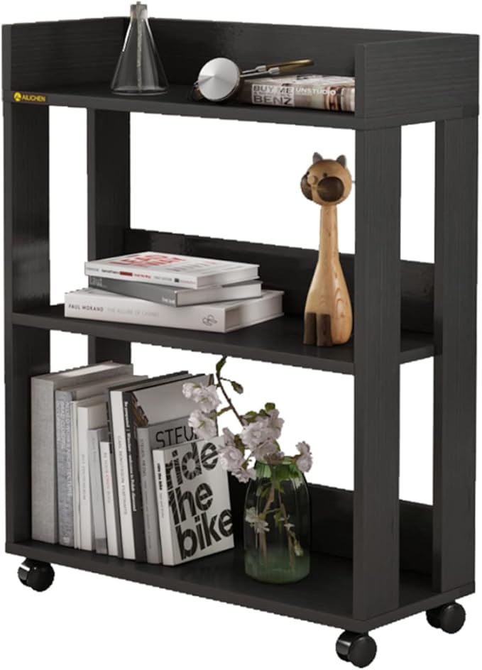 ALISENED Small Bookshelf and Bookcase, 3 Tier Wood Nightstand with Wheels, Modern Bedside End Table with Storage Rack for Bedroom, Library, Living Room, Home, Office Cart, Black