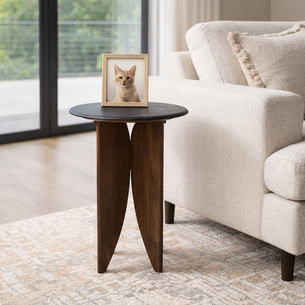 Mango Wood Base and Stone Top for Small Spaces - Round End and Side Table for...