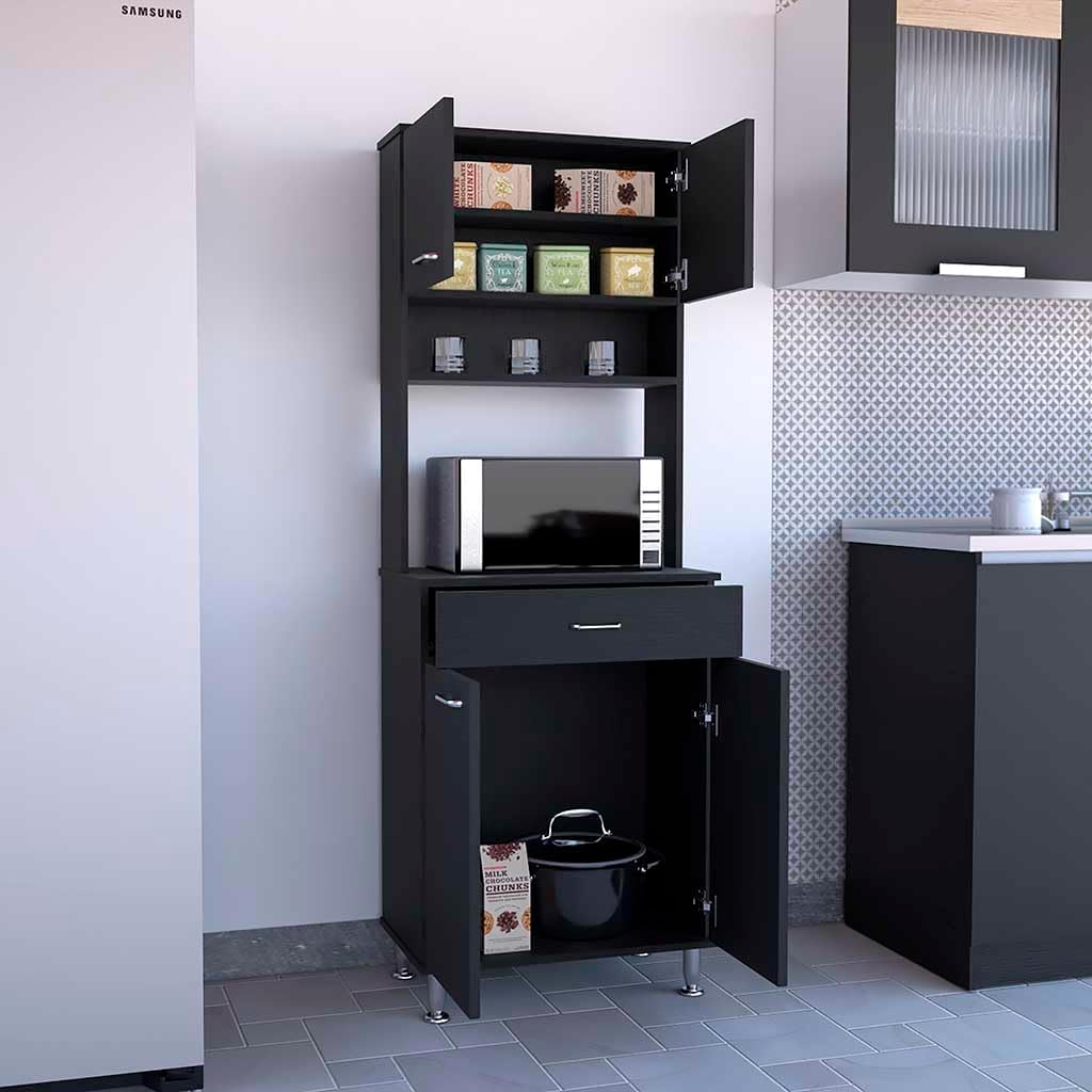 23.6" D*13.7" W*66.5" H Kitchen Pantry with Drawer & 2 Shelves, 2 Double Doors, Rectangular Storage Cabinet, Traditional, for Living Room, Dining Room, Black